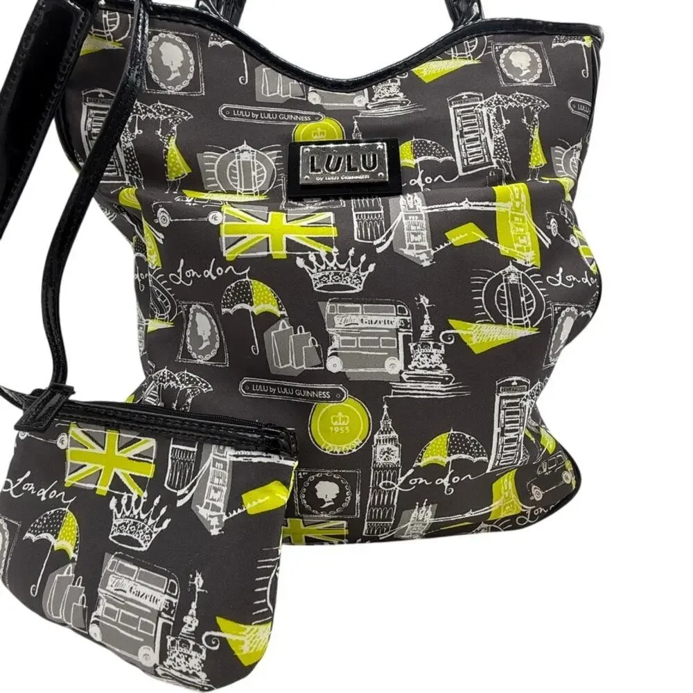 Lulu by Lulu Guinness London Print Tote Bag w/ Pouch Matching Black Yellow White - Picture 2 of 16